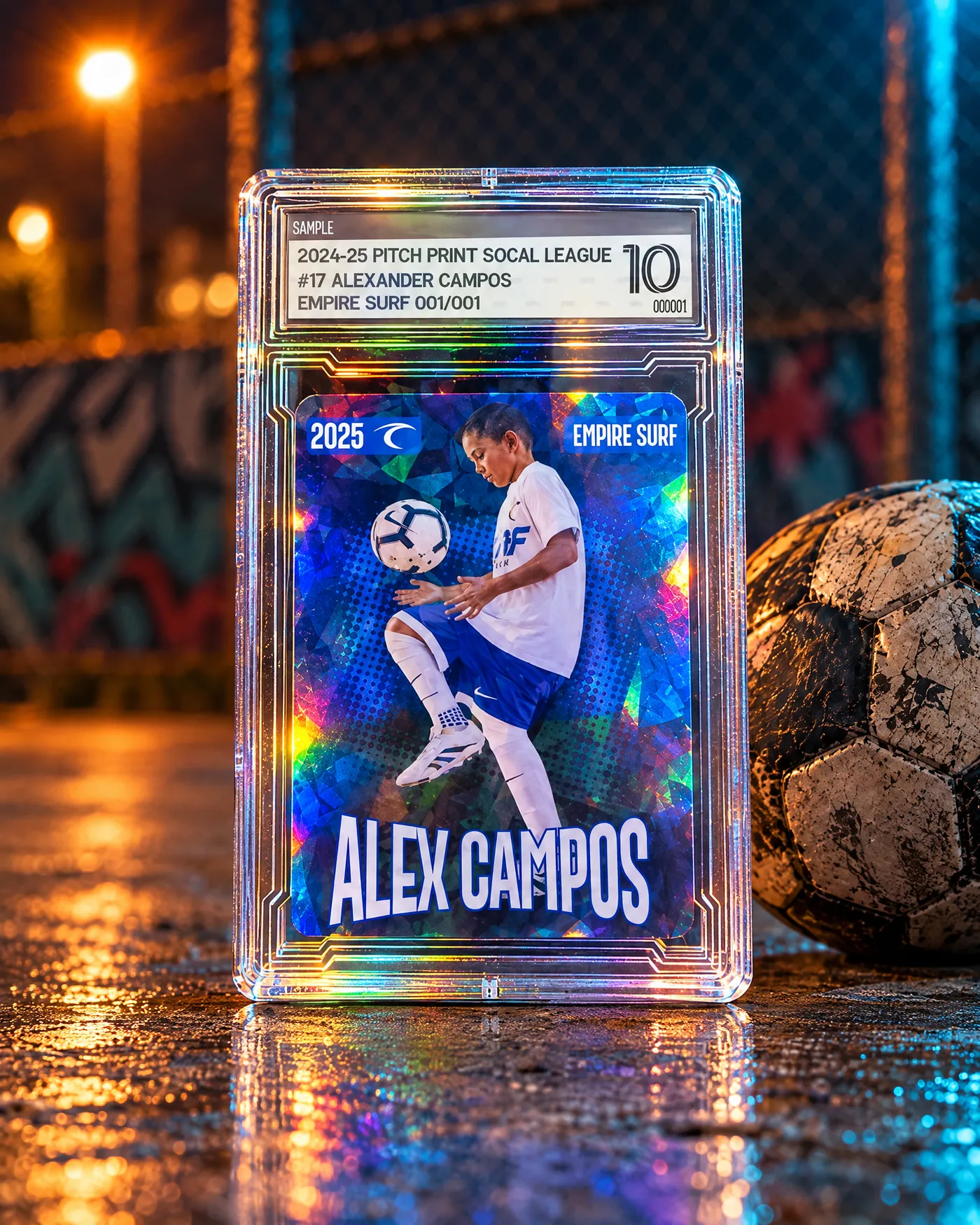 Custom holographic soccer player card in a graded 10 slab on a street futsal court