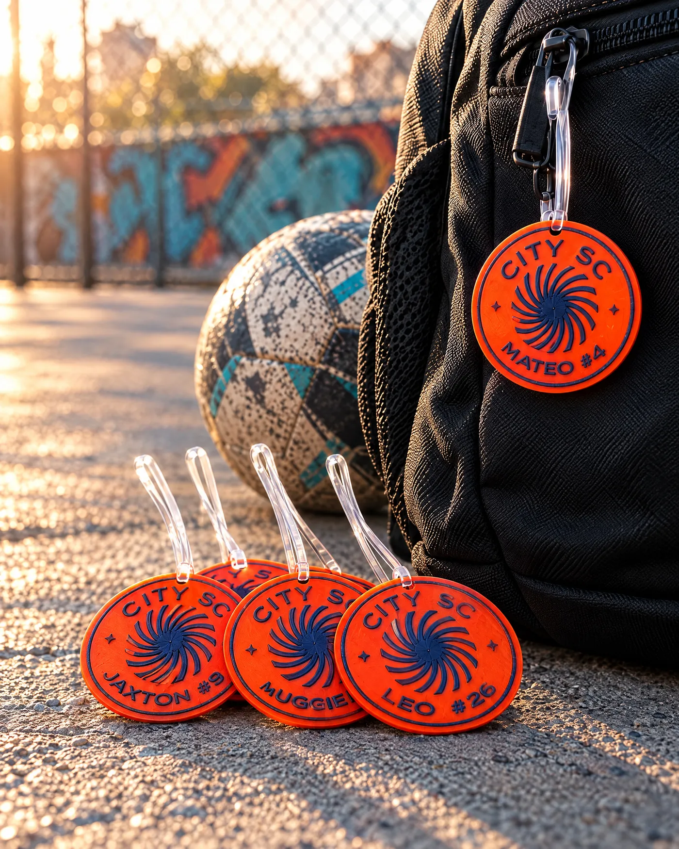 Custom 3D printed soccer bag tags with player names and numbers on a team backpack